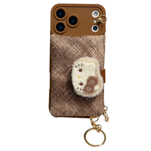 ins棕色菱格猫咪零钱包适用苹果17promax手机壳iphone16pro新款15女14pro斜跨13pro背带12/11防摔15pro手机套