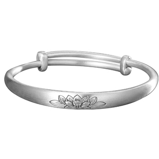 古法莲花银手镯女9999纯银妈妈款实心银镯子老人款送奶奶生日礼物