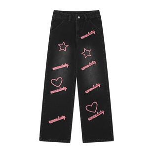 300斤特大码女装美式星星印花黑色牛仔裤女胖mm宽松百搭阔腿裤子