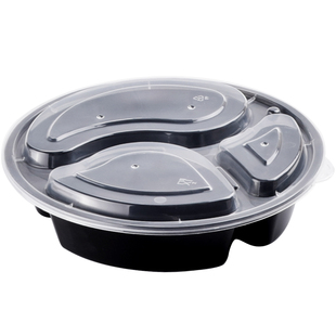 高档圆形三格1000ml一次性餐盒四格黑色外卖打包盒水果套餐便当盒