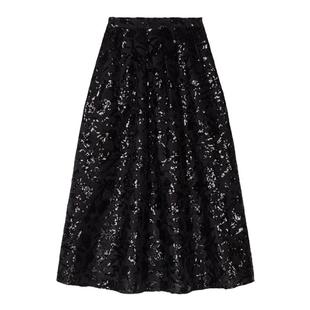 Maje秋冬女装法式气质黑色刺绣印花图案收腰长款伞裙A字半身裙