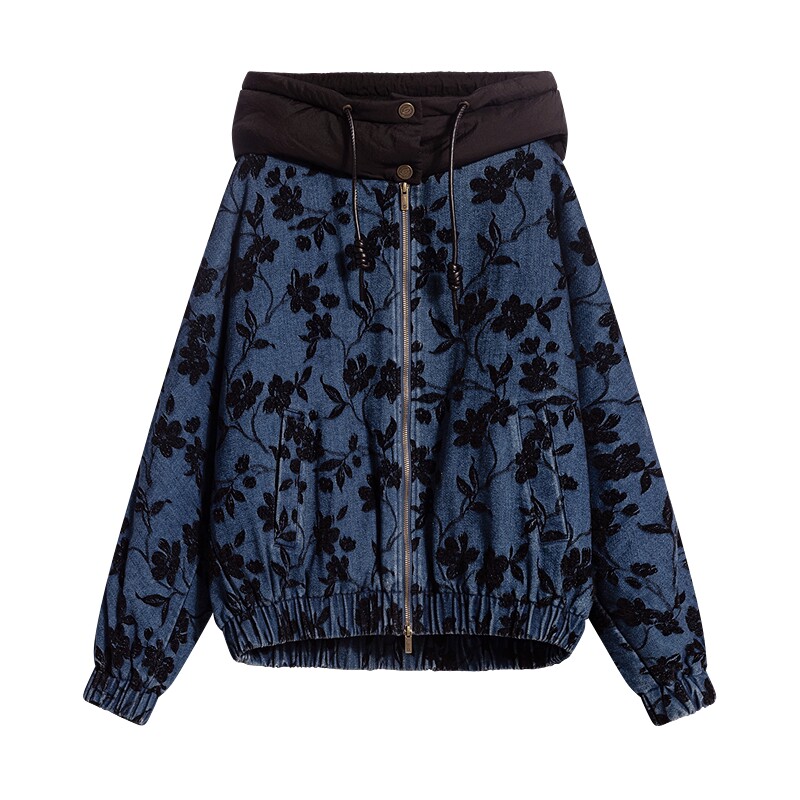 Desigual26秋冬新品宽松雪尼尔提花牛仔夹棉连帽女式棉衣外套