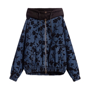 Desigual26秋冬新品宽松雪尼尔提花牛仔夹棉连帽女式棉衣外套