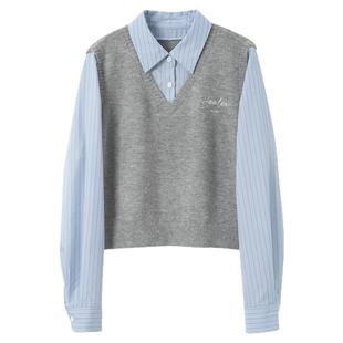 ibudu2025春季新款学院假两件长袖针织衫套头毛衣字母绣花女