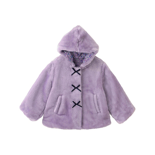 千趣会童装25年冬季儿童加厚外套女童可脱卸帽子珊瑚绒保暖上衣