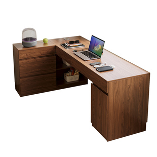 定制橡木书桌储物柜一体深胡桃实木学习电脑桌靠墙转角儿童写字桌