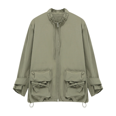 Basic House/百家好美式复古短款风衣外套工装风宽松立领夹克上衣