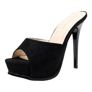 黑白简约百搭试衣间拖鞋女夏外穿防水台高跟一字拖细跟12cm半拖