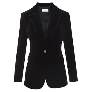 【朗姿Basic衣橱】法式丝绒戗驳领黑色西服外套冬季通勤修身西装