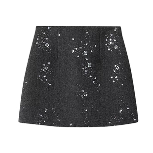 VIVICATHY2025秋冬钉珠亮片毛呢半身裙女复古高腰a字包臀短裙