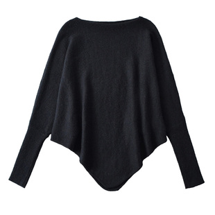 300斤胖mm大码秋冬黑色圆领长袖针织衫女宽松蝙蝠袖不规则上衣潮