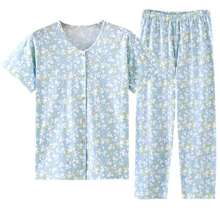 女士纯棉短袖开衫长裤套装全棉中老年人加大码夏季薄款家居服睡衣