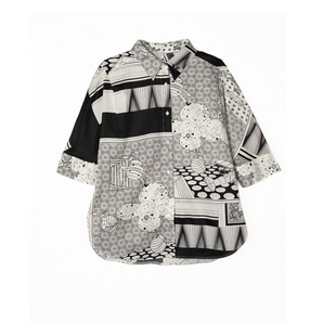 谜底花色衬衫女2025夏新款复古波嬉风文艺印花廓形衬衣256MC6211