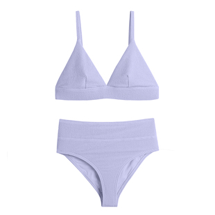 walkingChic海边比基尼高腰小胸聚拢三角杯高级感紫色泳衣女分体