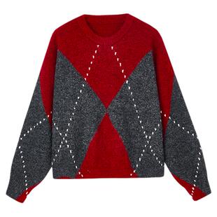 佧茜文MIU系圆领针织衫2025冬季新款休闲简约菱形格拼接羊毛上衣