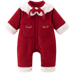 天鹅绒女宝宝夹棉连体衣冬季保暖婴儿加厚公主哈衣拜年新年服红色