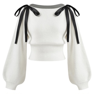 CIDER 穿搭蝴蝶结短款灯笼袖毛衣宽松针织衫113990752