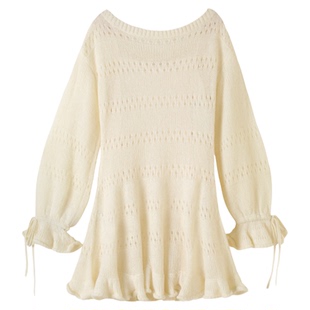 SNIDEL2025秋冬新品圆领镂空木耳边花苞袖针织连衣裙SWNO254313