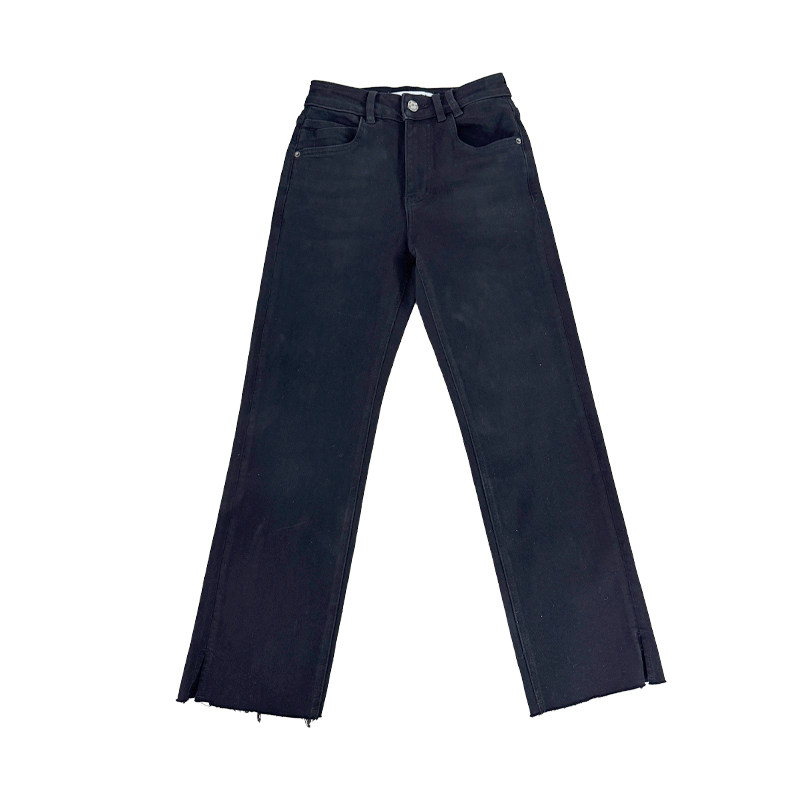 高腰九分黑色显瘦开叉牛仔裤女