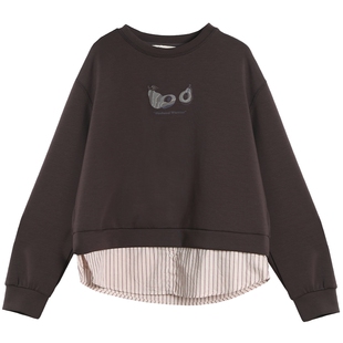 布景卫衣女2025冬季新品简约印花刺绣圆领拼接假两件设计上衣1551