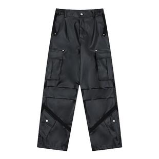 BTSG美式复古高级感多口袋亮面机车皮裤机能工装裤宽松阔腿休闲裤