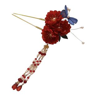 新中式山茶花发簪红色流苏发钗步摇古风汉服配饰蝴蝶珍珠花朵头饰