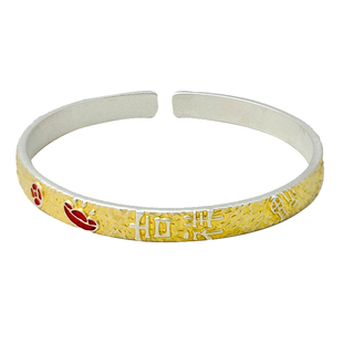 吉祥银手镯女9999纯实心古法描金银镯子妈妈款新年礼物送长辈生日