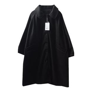 日系软妹复古黑色魔法少女宽松夹棉加厚娃娃领中长款毛呢大衣外套