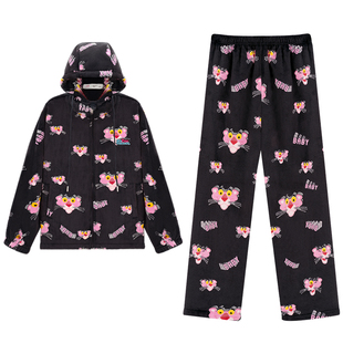 亲嘴猫【粉红豹】法兰绒连帽保暖可外穿休闲卡通睡衣家居服套装冬