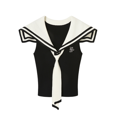 Uena海军领字母刺绣针织背心