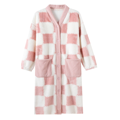 法兰绒睡袍女秋冬系扣长袖加厚珊瑚绒家居服中长款宽松睡裙