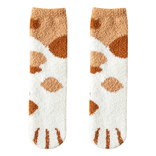 珊瑚绒地板袜子女春秋季家居加绒加厚保暖月子猫爪可爱毛绒秋冬袜