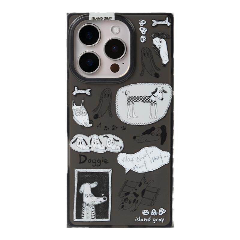 灰岛 黑白手绘小狗透黑方形手机壳 双层印花 适用于苹果iPhone17 16 15 14 Pro Max 原创设计 可爱少女