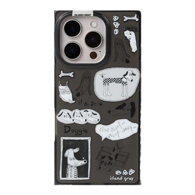 灰岛 黑白手绘小狗透黑方形手机壳 双层印花 适用于苹果iPhone17 16 15 14 Pro Max 原创设计 可爱少女