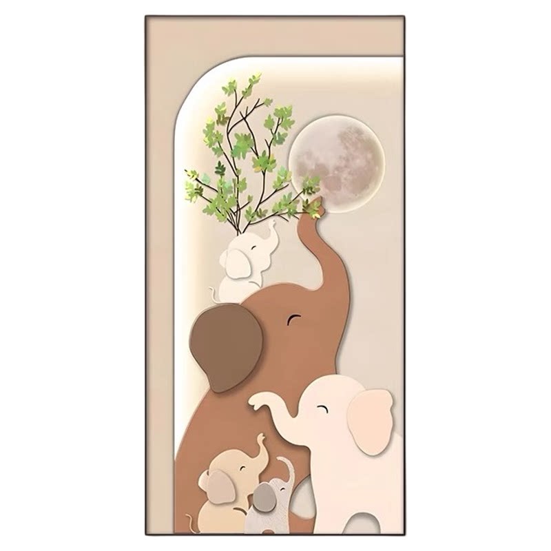 三口之家大象玄关画轻奢带灯画