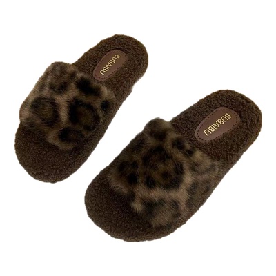 网红时尚豹纹爆款毛毛拖鞋女冬季外穿2025新款ins潮厚底休闲拖鞋