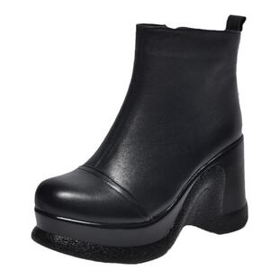 坡跟超高跟真皮松糕女靴2025新款厚底牛皮短靴休闲单靴女鞋皮鞋