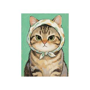 猫咪肖像画头巾系列可爱卡通数字油画diy宠物手绘填充丙烯画挂画