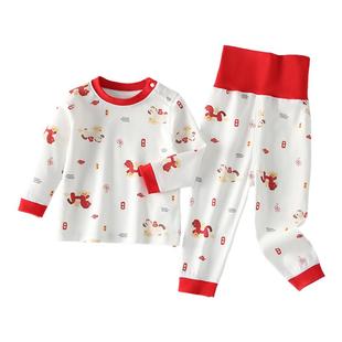 妙童岛儿童秋衣秋裤宝宝新年大红色喜庆高腰内衣婴儿纯棉分体套装