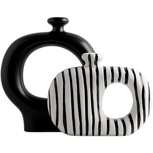 创意中古风黑白条纹异形花瓶摆件客厅插花器电视柜玄关装饰品高档