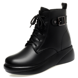 冬季坡跟短靴妈妈鞋真皮厚底马丁靴加绒加厚女士棉鞋保暖羊毛皮鞋