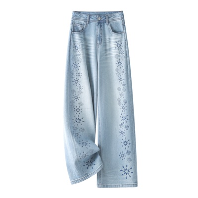 雅鹿浅蓝色印花烫钻阔腿牛仔裤女