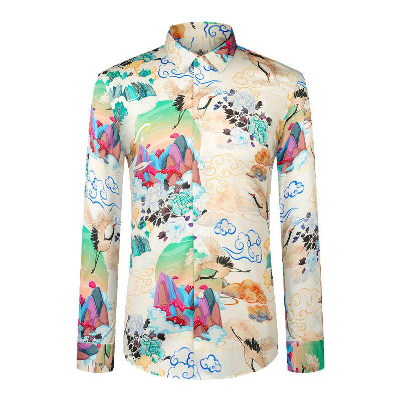 本派衬衫男士春秋新款轻奢中国风仙鹤印花休闲高档长袖棉衬衣短袖