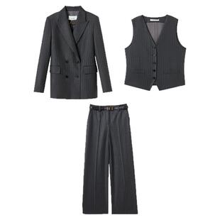 朗姿纯羊毛灰色条纹西服/西裤/马甲气质正装2025春新款高级感西装