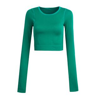 annerun运动上衣带胸垫罗纹高弹修身显瘦露腰裸感气质长袖瑜伽服