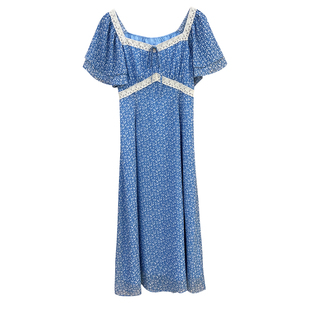 小苍兰【自制款】气质碎花飞飞袖蓝色显白连衣裙大码胖mm夏季凉爽