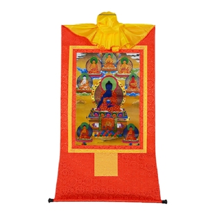 藏村 药师佛唐卡挂画西藏客厅客厅桌面镀金药师八尊长120cm装饰画