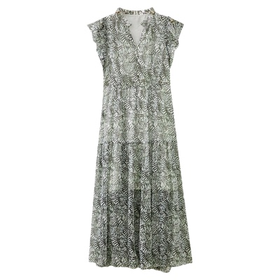 水云间绿色冷淡系雪纺裙女收腰荷叶袖连衣裙子轻熟御姐2025秋新款