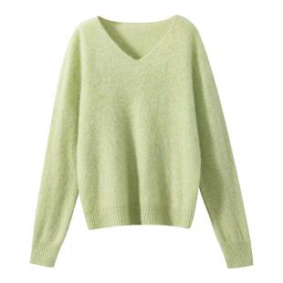 【无缝一体】绵羊毛+山羊绒拉绒保暖V领圆领针织打底衫粉色毛衣