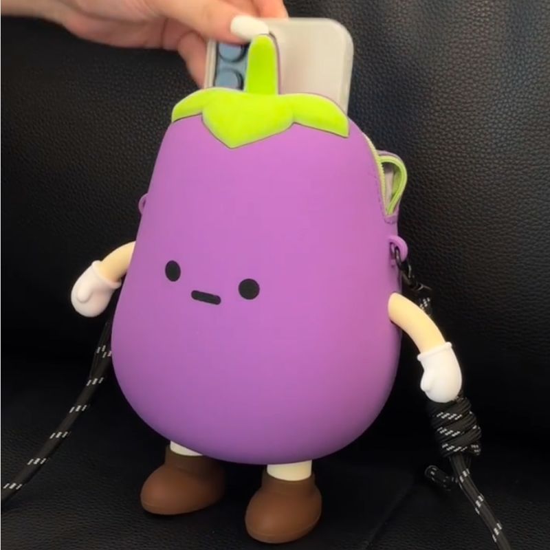 硅胶茄子斜挎包可爱蔬菜零钱包小挎包收纳单肩茄总手机包创意包包